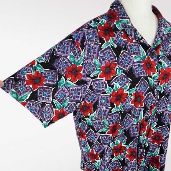 Vintage 80’s Fritzi Shirt Sleeve Button Down Shirt Floral Hawaiian Style Large - Picture 7 of 9